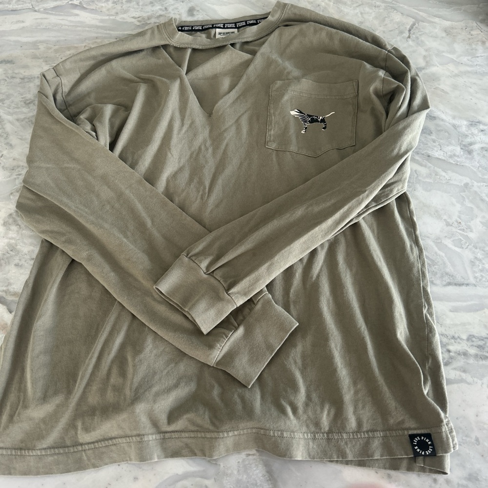 VS PINK Olive Green long sleeve Shirt with Dog floral pattern